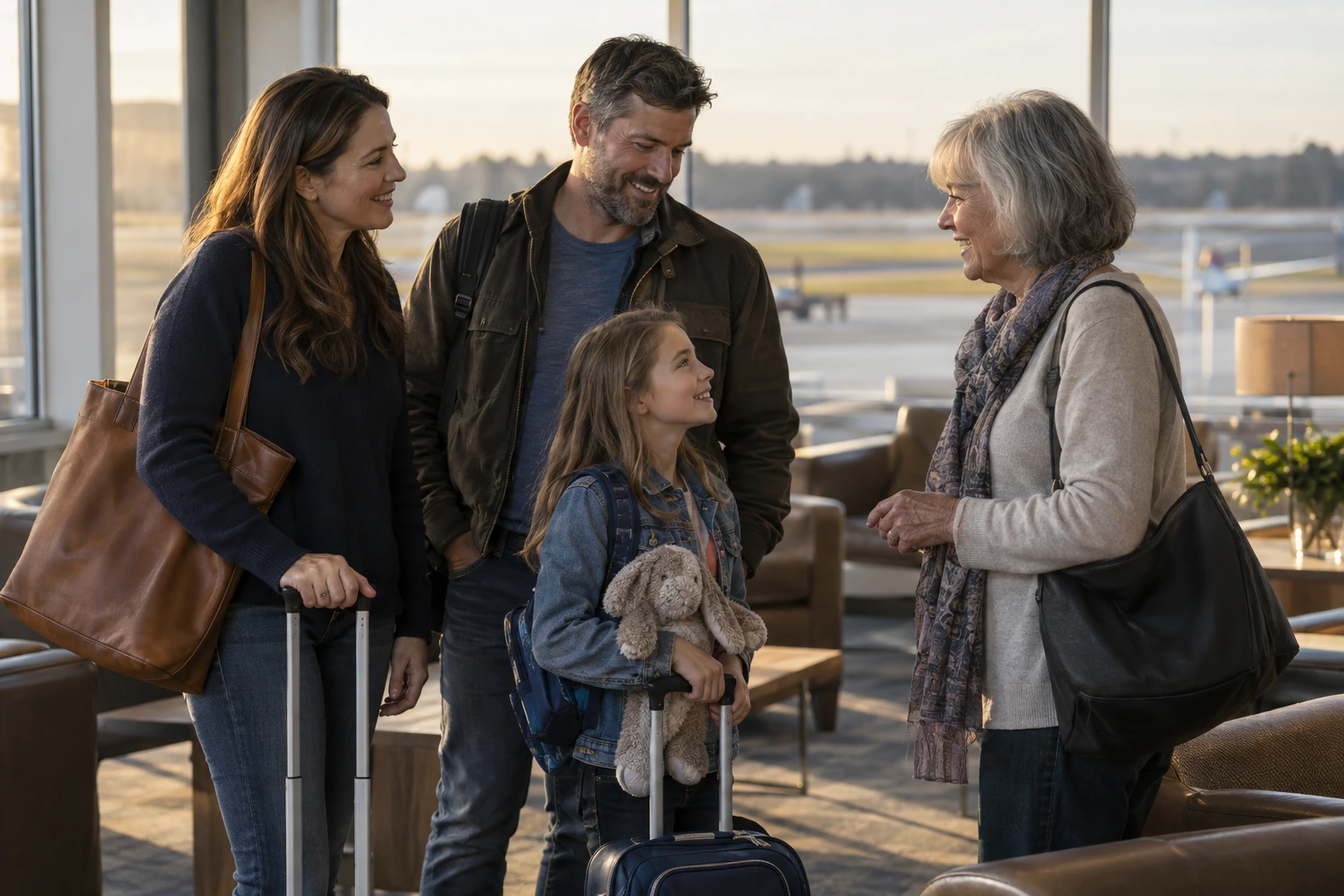 Family and an older passenger together in an airport lounge.
