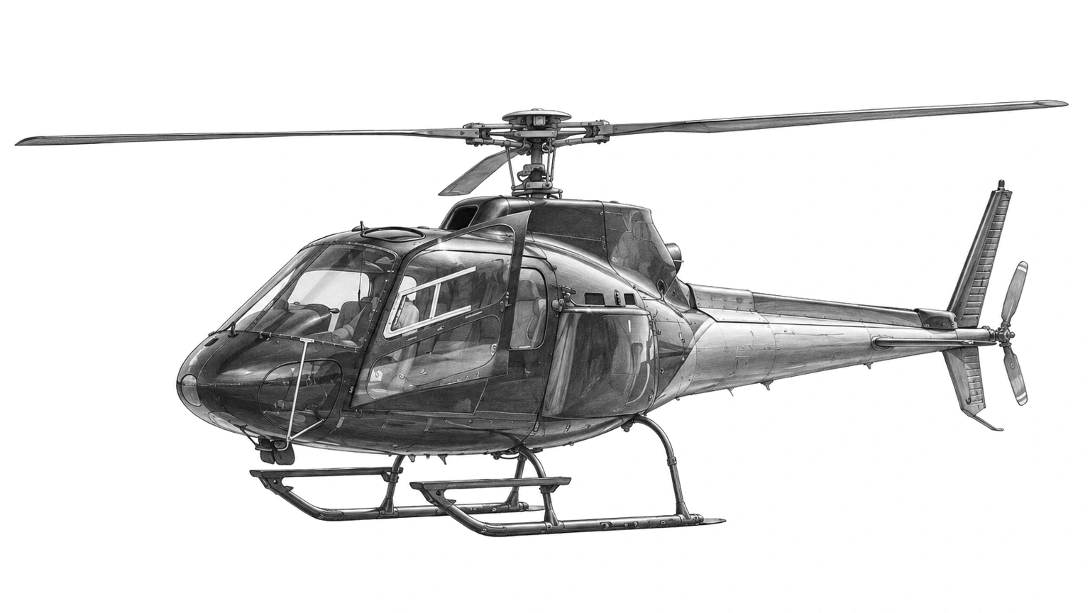 Graphite drawing of an AS350 helicopter with no registration markings.